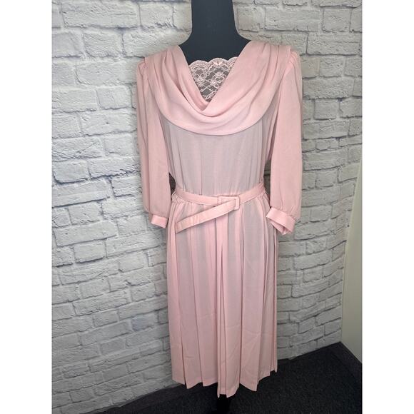 Bobby's Girl Pink Vintage Cowl Neck Lace Semi Sheer Secretary Dress Belt Size 14 - Picture 3 of 6